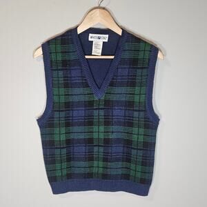Vtg White Stag Sweater Vest Size S Blue Green Plaid Cotton Knit Y2K Academia